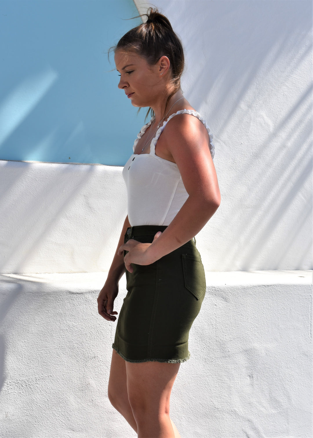 Biker Denim Skirt - Khaki